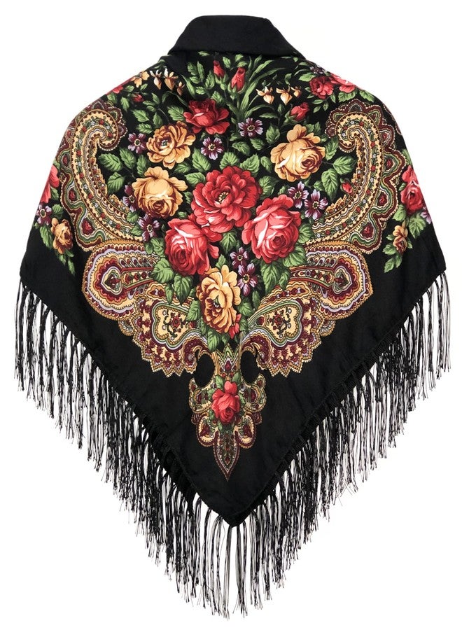 SmilerSmile Russian Style Muffler Warm Scarf with Tassel Women's Traditional Scarf Wrap Shawl Fringes Printing Cape (Black) - Image 2
